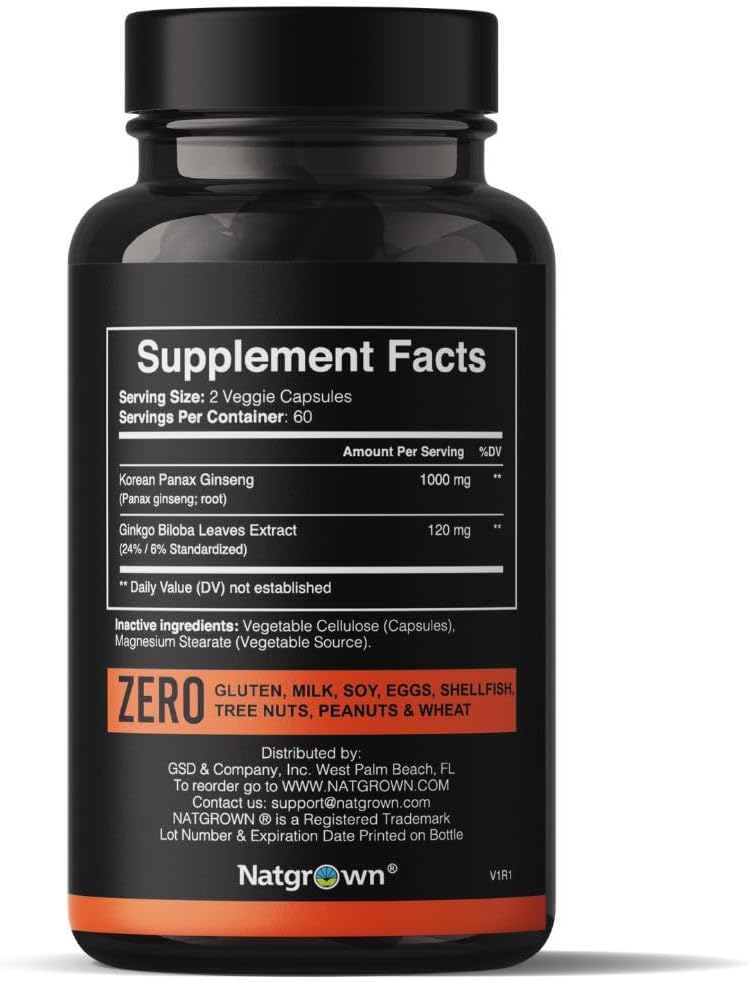 Natgrown Panax Ginseng & Ginkgo Biloba Supplement - Red Korean Ginseng & Ginko Biloba Capsules for Men & Women - Supports Memory Focus & Brain Function - Vegan Pills - 120 Count